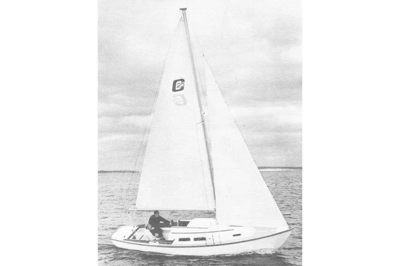 Slide: The Image of 1976 Cape Dory 25 sailboat on open water, cloudy sky background. - 11
