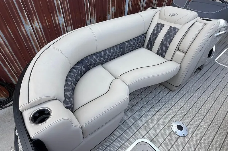Slide: The Image of Luxurious seating on 2022 Barletta LUSSO 25UEA pontoon boat with elegant upholstery design. - 13