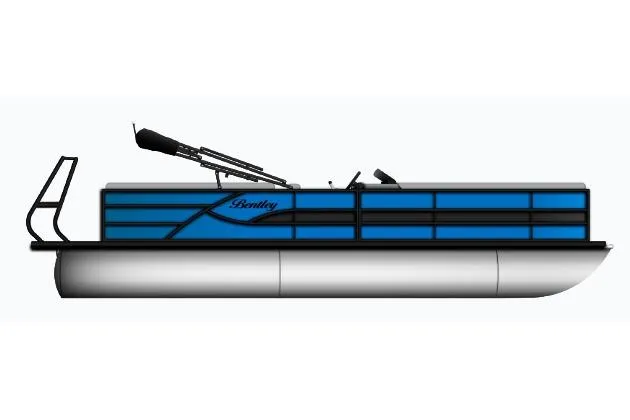 Slide: The Image of 2026 Bentley Pontoons Legacy 223 Navigator, blue and silver pontoon boat, side view. - 1