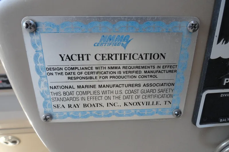 Slide: The Image of Yacht certification plaque for 2004 Sea Ray Sundancer 280, NMMA compliance verified. - 15
