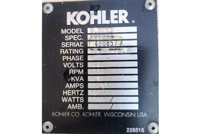 Slide: The Image of Kohler generator specification plate, model 6.5ESZ, serial 480857, for Carver 330 Mariner 1996. - 54
