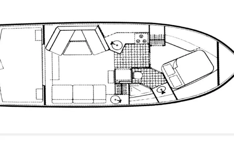 Slide: The Image of Floor plan of a 1996 Carver 330 Mariner boat, showing interior layout. - 62
