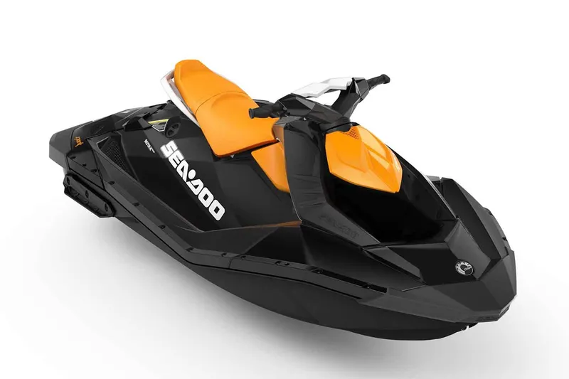 Slide: The Image of Manufacturer Provided Image: 2018 Sea-Doo Spark 2up jet ski with orange and black design. - 5