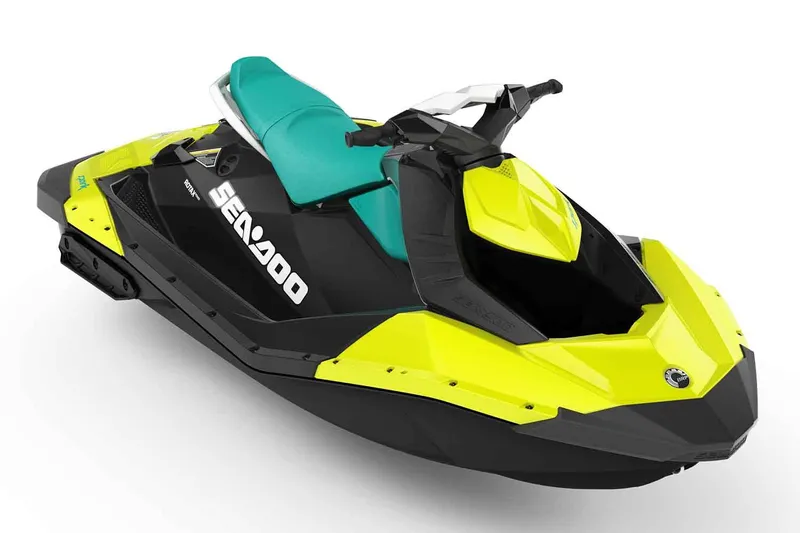 Slide: The Image of Manufacturer Provided Image: 2018 Sea-Doo Spark 2up jet ski, yellow and black with teal seat. - 6