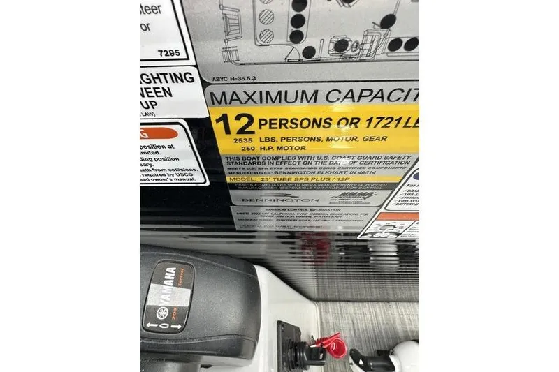 Slide: The Image of 2022 Bennington 24 LSBA capacity label, maximum 12 persons or 1721 lbs, 260 HP motor. - 17