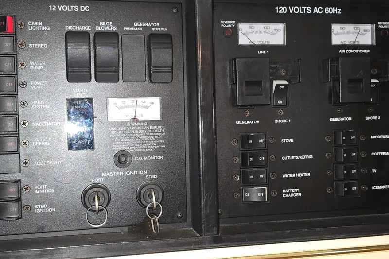 Slide: The Image of Electrical control panel of a 2000 Monetery 302 Express boat, showing switches and gauges. - 29