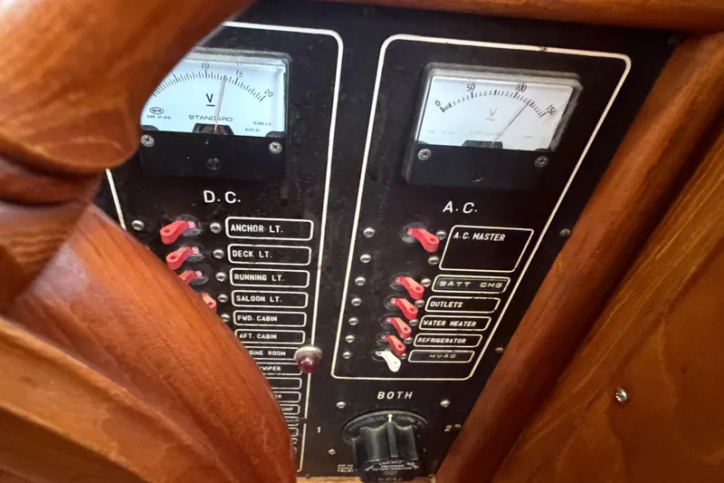 Slide: The Image of Control panel of a 1985 Albin 36 Trawler with AC and DC switches. - 39