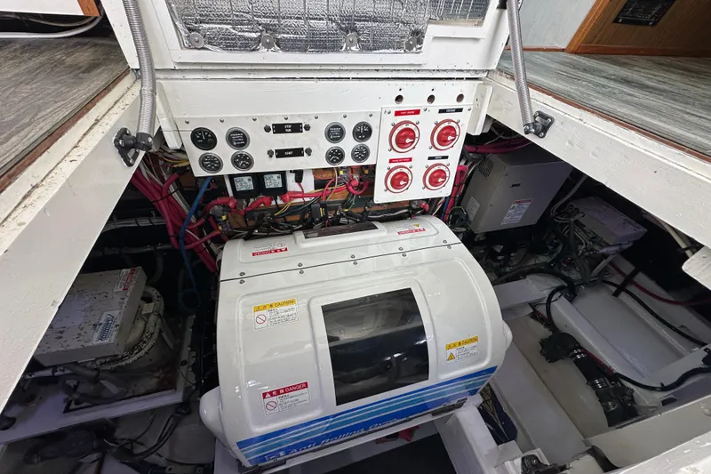 Slide: The Image of Engine room of a 1976 Pacifica Flybridge boat, showcasing control panels and machinery. - 13