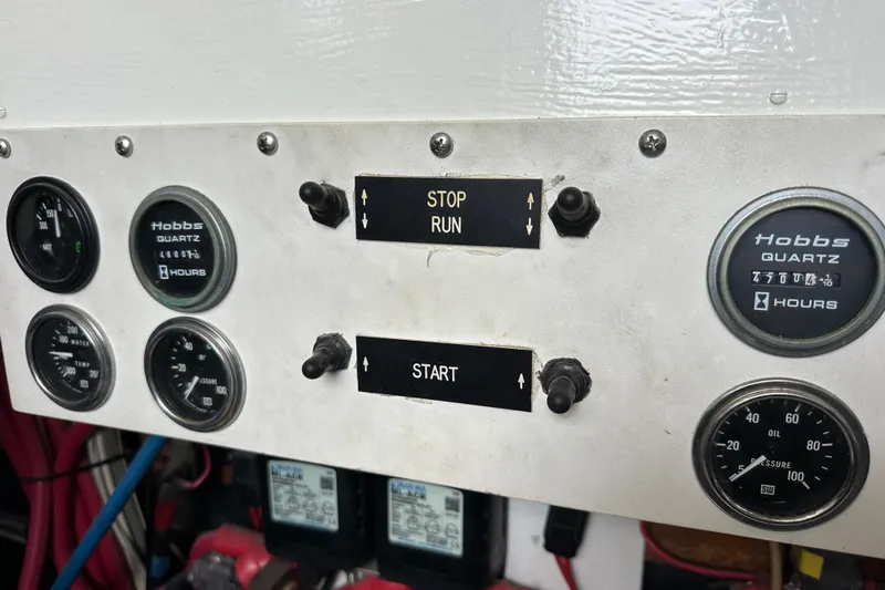 Slide: The Image of Control panel of a 1976 Pacifica Flybridge boat with gauges and switches. - 14