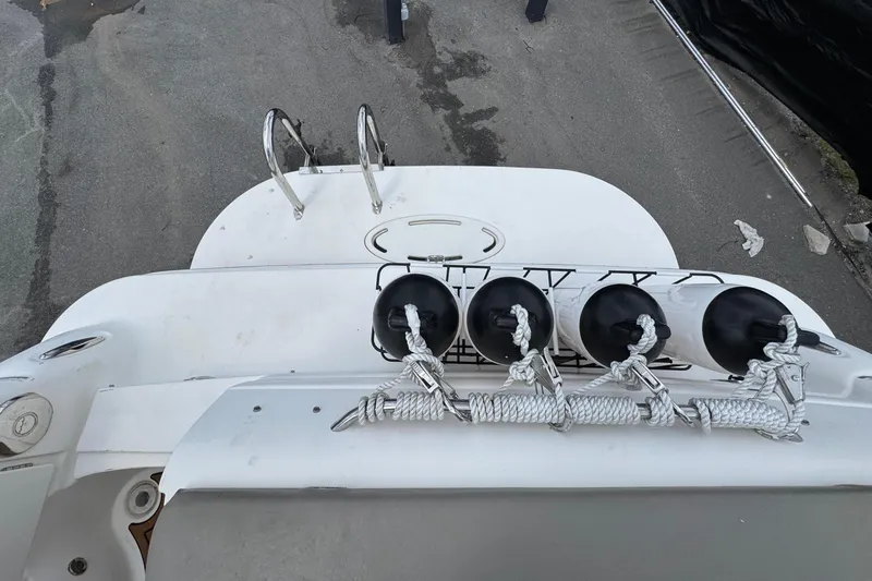 Slide: The Image of Rear view of a 2008 Larson Cabrio 260 boat with fenders and ropes. - 64