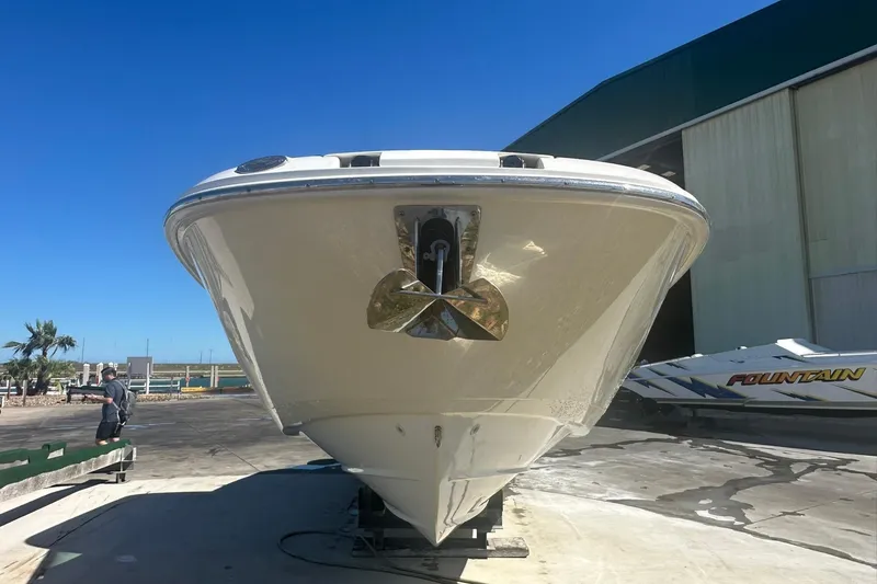 Slide: The Image of 2017 Boston Whaler 270 Vantage boat on dry dock, front view. - 46