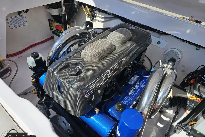 Slide: The Image of 2018 Baja 24 Outlaw engine compartment with Mercury Racing 565 engine. - 100
