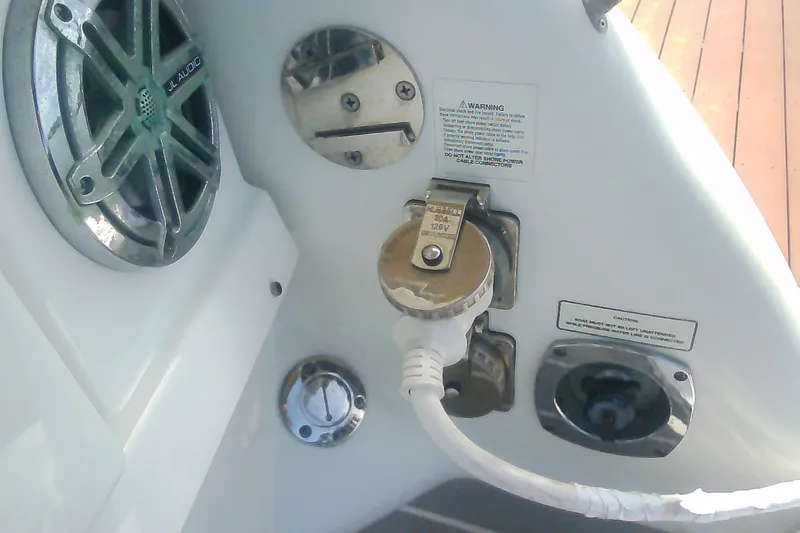 Slide: The Image of 2020 Formula 350 Crossover Bowrider power connection and audio system detail. - 25