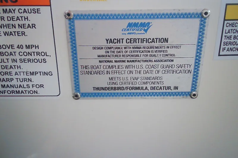 Slide: The Image of NMMA certified yacht certification plaque on 2020 Formula 350 Crossover Bowrider boat. - 57