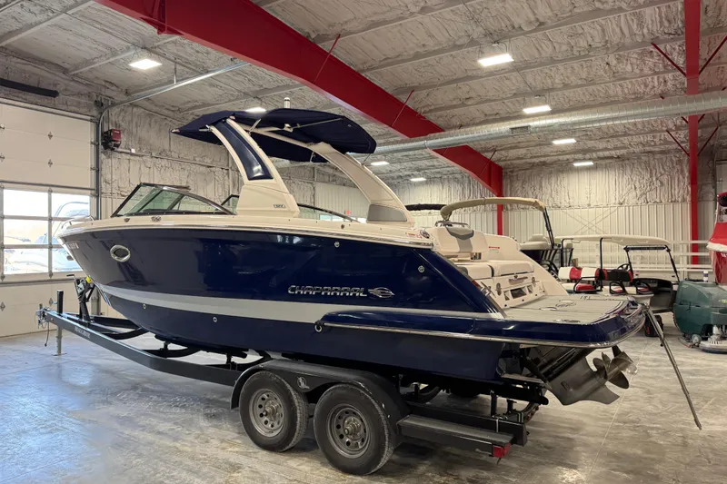 Slide: The Image of 2020 Chaparral 287 SSX boat on trailer in indoor storage facility. - 3