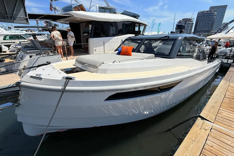 The Image of Luxury Santasevera 42 yacht docked at marina, 2026 model, with sleek design and spacious deck. - 0