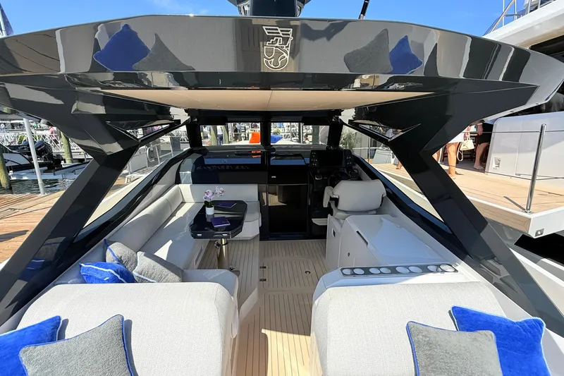 Slide: The Image of Luxurious Santasevera 42 yacht interior, featuring elegant seating and modern design, 2026 model. - 2