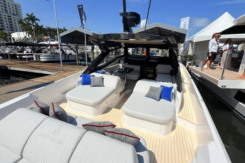 Slide: The Image of Luxurious Santasevera 42 yacht interior, 2026 model, featuring elegant seating and modern design. - 3