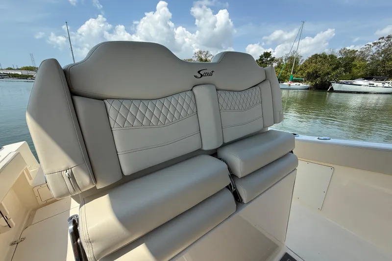 Slide: The Image of Luxurious seating on 2025 Scout 277 LXF boat, featuring elegant diamond stitching. - 11