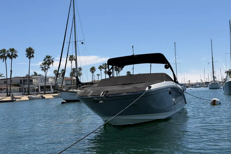 Slide: The Image of 2017 Sea Ray SDX 290 boat anchored in a sunny marina with palm trees. - 12