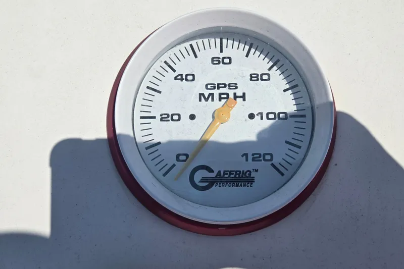 Slide: The Image of GPS speedometer showing 0 MPH on a 2002 Avanti 41 boat. - 35