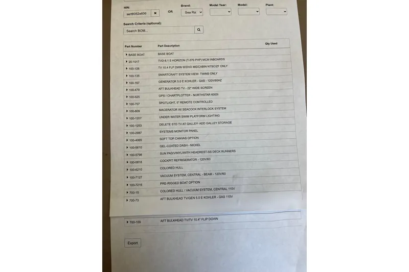 Slide: The Image of Parts list for 2006 Sea Ray 340 Sundancer boat, including base boat and optional features. - 43
