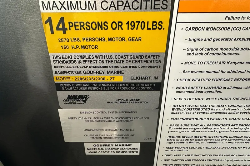 Slide: The Image of Sweetwater 2286FX 2026 boat capacity label, 14 persons or 1970 lbs, 150 HP motor. - 20