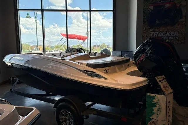 Slide: The Image of 2026 Tahoe T18 boat displayed indoors with a scenic window view. - 3