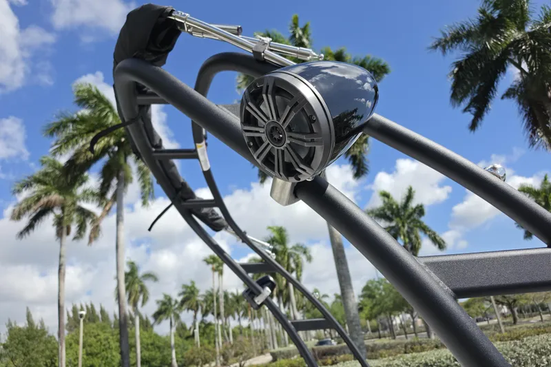 Slide: The Image of 2026 Tahoe T21 boat tower with speaker, palm trees, and blue sky background. - 3