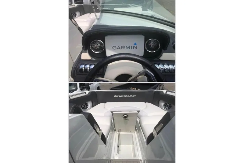 Slide: The Image of 2020 Crownline Eclipse E255 boat dashboard and seating area with Garmin display. - 12