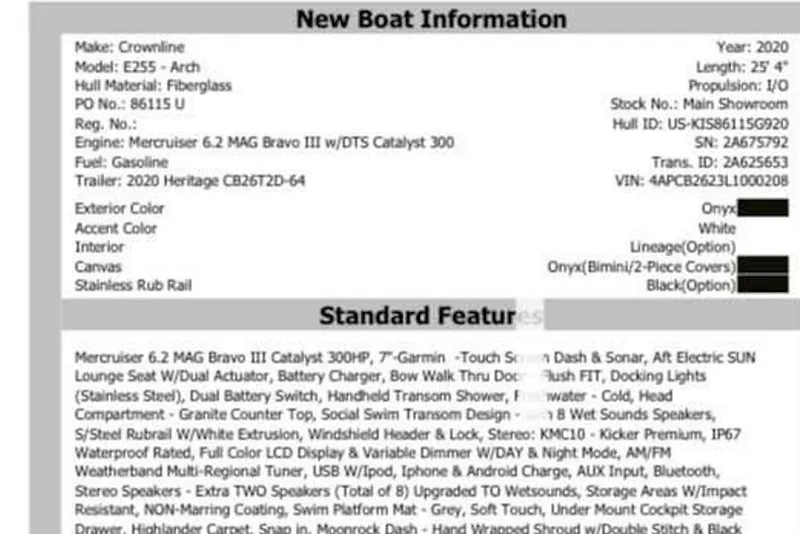 Slide: The Image of 2020 Crownline Eclipse E255 boat information sheet with specifications and features. - 14