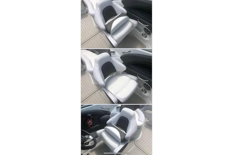 Slide: The Image of 2020 Crownline Eclipse E255 boat seats, white and black, on deck. - 7