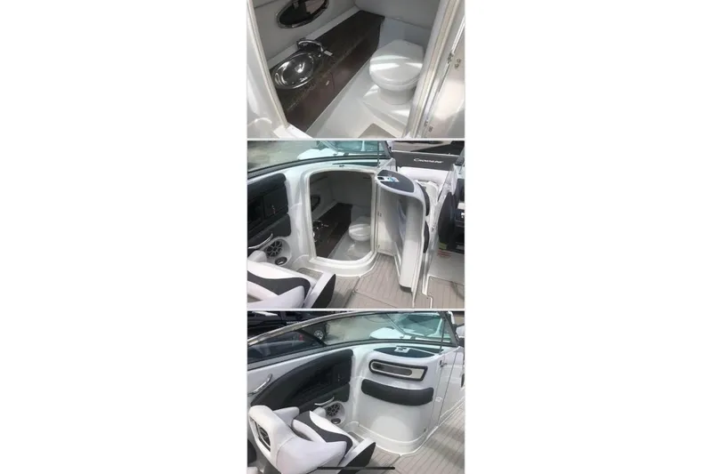 Slide: The Image of 2020 Crownline Eclipse E255 boat interior with seating and compact restroom area. - 8