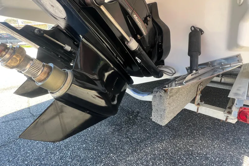 Slide: The Image of 2017 Monterey 298SS Super Sport boat engine and propeller on trailer. - 11