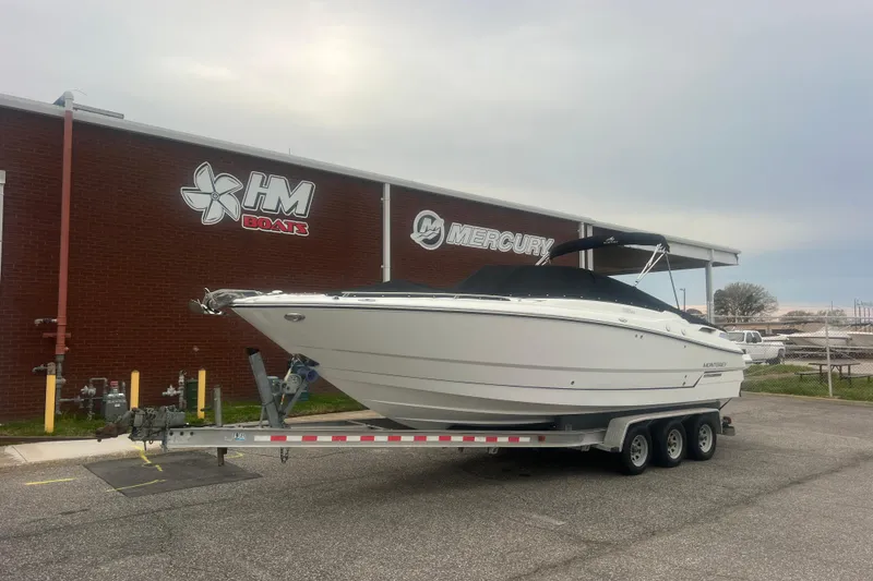 Slide: The Image of 2017 Monterey 298SS Super Sport boat on trailer outside HM Boats building. - 69