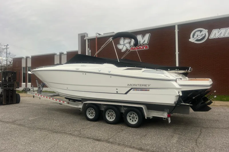 Slide: The Image of 2017 Monterey 298SS Super Sport boat on trailer outside dealership. - 71