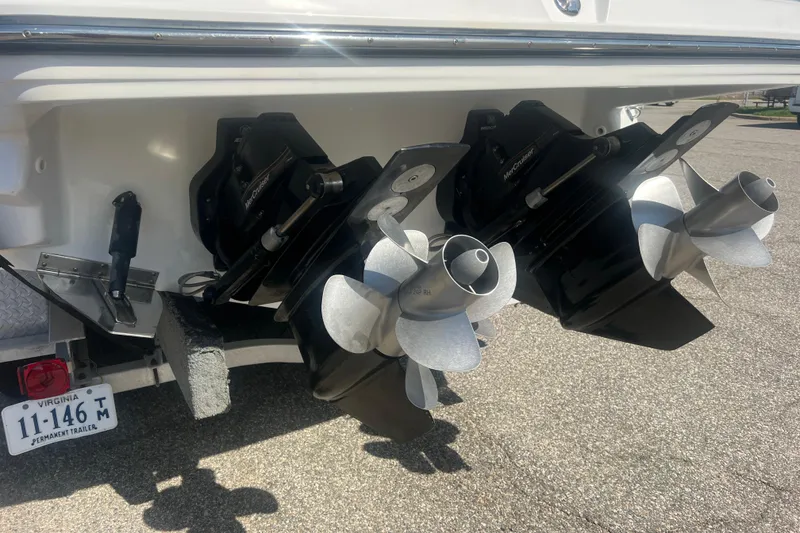 Slide: The Image of 2017 Monterey 298SS Super Sport boat with dual propellers and Virginia trailer license plate. - 74