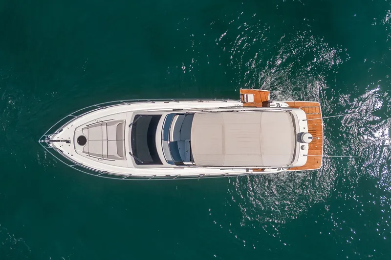 Slide: The Image of Aerial view of Schaefer 510 GT yacht on water, 2023 model. - 7