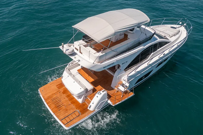 Slide: The Image of Schaefer 510 GT Yacht 2023 on open sea, aerial view. - 9