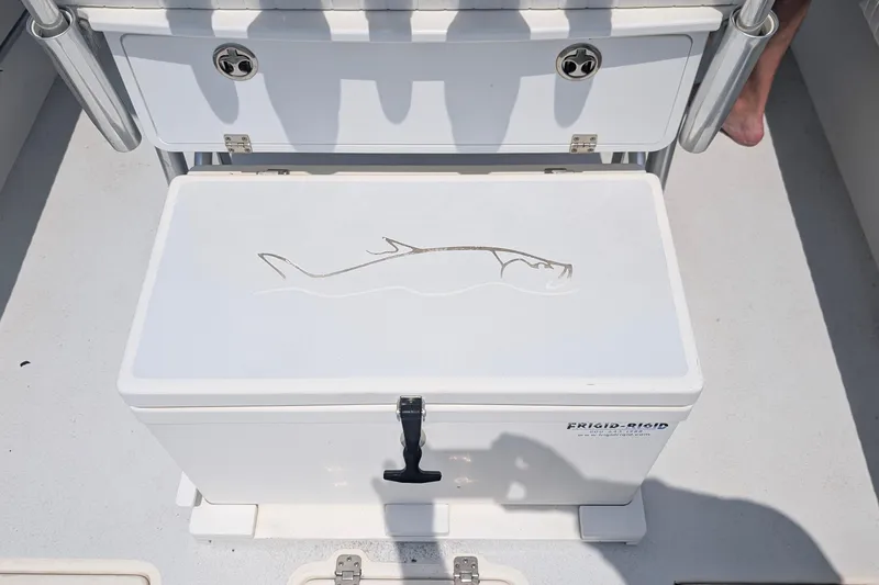 Slide: The Image of 2012 Gause Built 26 Center Console boat with Frigid Rigid cooler on deck. - 35