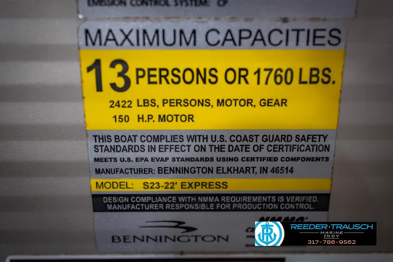 Slide: The Image of 2018 Bennington 23 SSRX capacity label showing maximum 13 persons or 1760 lbs. - 56