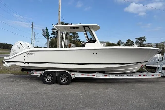 The Image of 2025 Pursuit S 288 Sport boat on trailer, side view, outdoors. - 1
