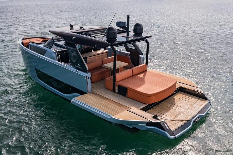 Slide: The Image of 2022 Cranchi A46 Luxury Tender on water, featuring sleek design and spacious deck. - 16