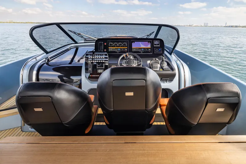 Slide: The Image of Cockpit view of 2022 Cranchi A46 Luxury Tender with modern controls and leather seats. - 45