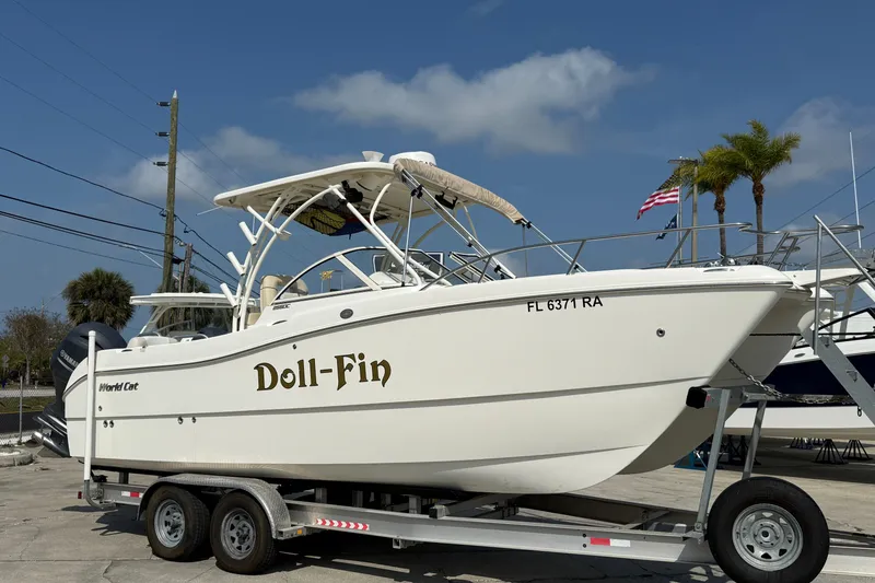 The Image of 2016 World Cat 255 DC boat named "Doll-Fin" on trailer, clear sky background. - 1