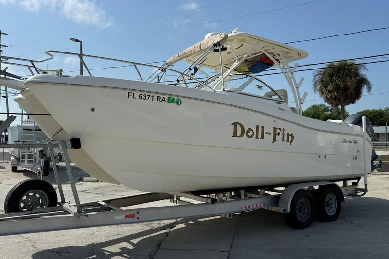 Slide: The Image of 2016 World Cat 255 DC boat named "Doll-Fin" on a trailer in a sunny marina. - 4