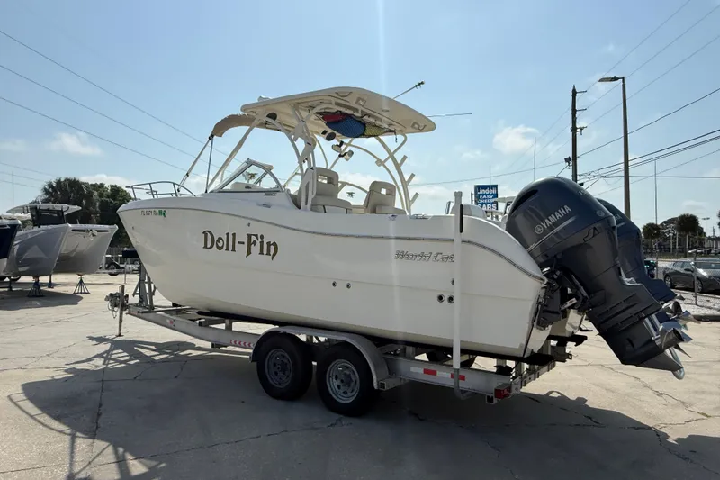 Slide: The Image of 2016 World Cat 255 DC boat on trailer with Yamaha engines, named "Doll-Fin". - 5