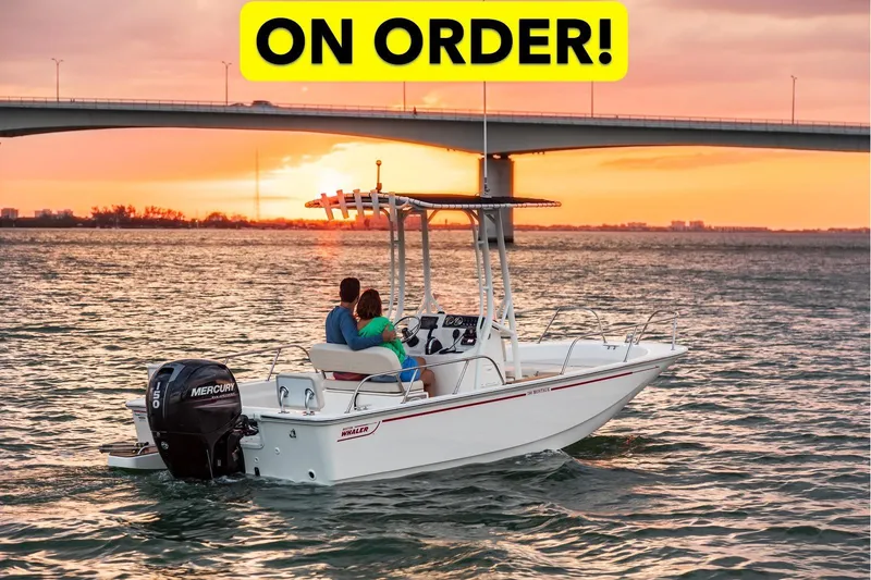 The Image of 2027 Boston Whaler 190 Montauk boat on order, cruising at sunset under a bridge. - 0
