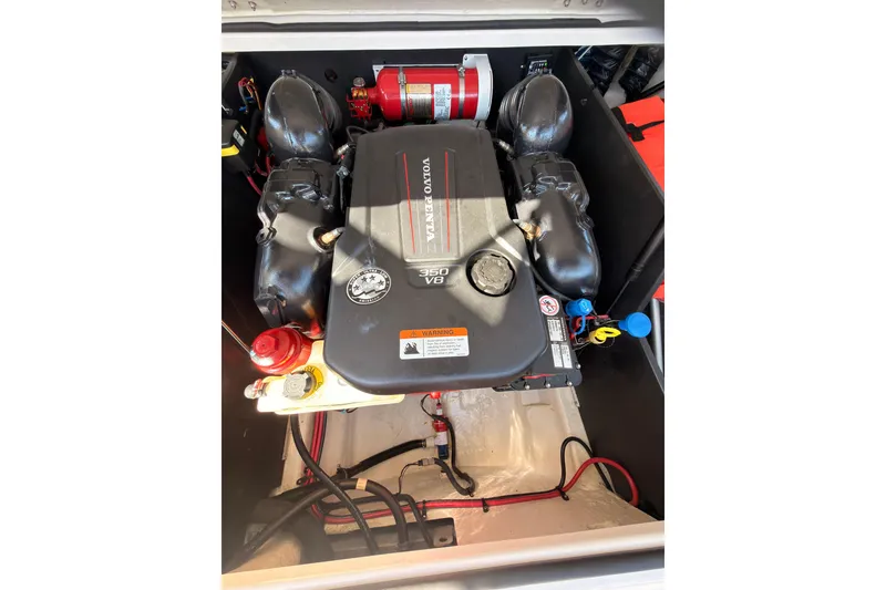 Slide: The Image of 2019 Regal LS4 engine compartment featuring a Volvo Penta 350 V8 engine. - 16