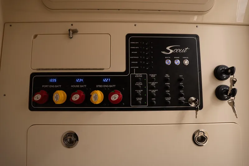 Slide: The Image of Control panel of 2026 Scout 281 XSS boat with battery indicators and switches. - 23